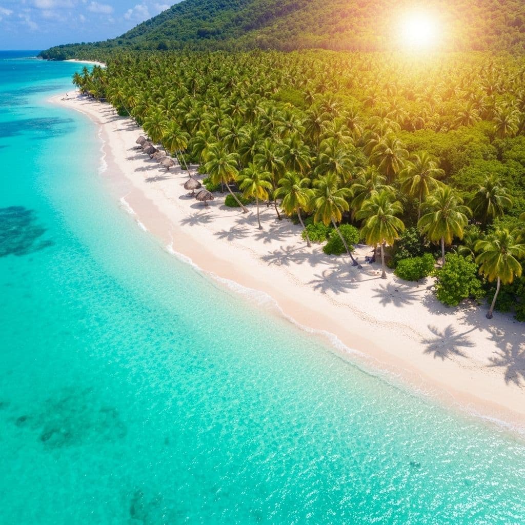 Beautiful tropical beach with crystal clear turquoise water and golden sand - perfect warm holiday destination